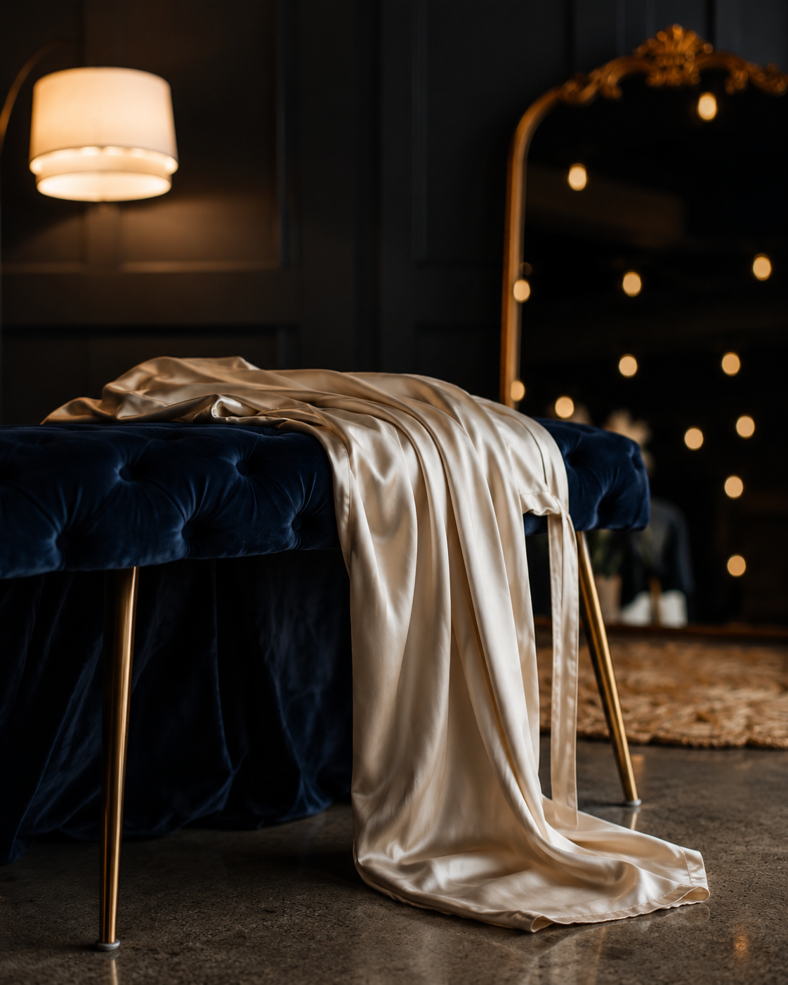 Silk robe draped over a velvet bench in a Las Vegas boudoir studio, representing the care taken in choosing the right photographer